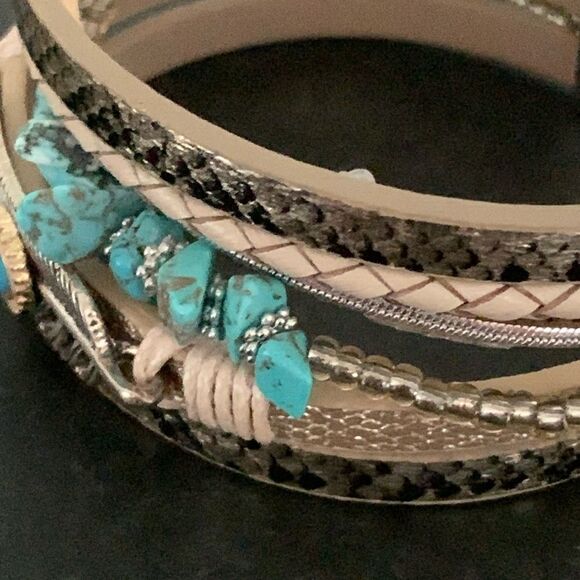 Men’s Western Boho Bracelet | Gold Layered Cuff with Faux Turquoise Stones & Fea - Picture 4 of 12